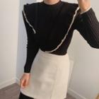 Long-sleeve Frill Trim Contrast Trim Knit Top Black - One Size
