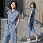 Cap Sleeve High Waist Denim Jumpsuit