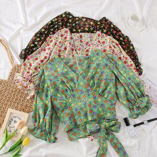 Ribbon-hem Floral Chiffon Top