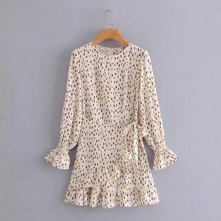 Long-sleeve Dotted Tie-waist Ruffle Trim A-line Dress