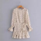 Long-sleeve Dotted Tie-waist Ruffle Trim A-line Dress