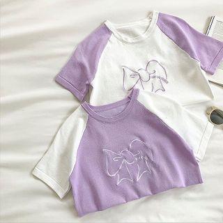 Color-block Embroidered Short-sleeve Knit Top