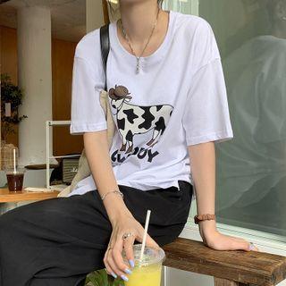 Short-sleeve Cow Print T-shirt White - One Size