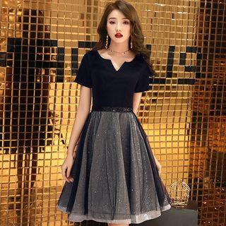 Short-sleeve Paneled A-line Cocktail Dress