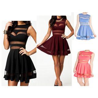 Mesh Panel Sleeveless A-line Party Dress