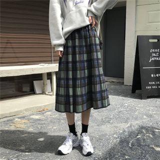 Plaid Midi A-line Skirt Plaid - Gray & Black - One Size