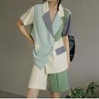 Elbow-sleeve Color Block Double-breasted Blazer / Shorts