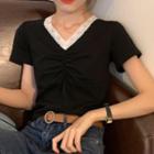 Short-sleeve Lace Trim Shirred T-shirt