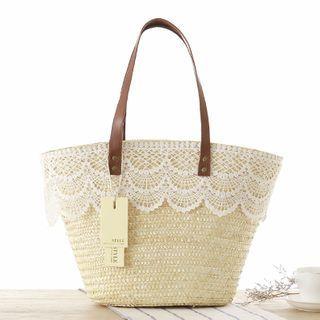Lace Trim Straw Tote Bag