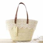 Lace Trim Straw Tote Bag