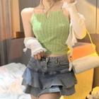 Pointelle Knit Camisole Top / Long-sleeve Lace Trim Cardigan / Layered Mini Denim Skirt