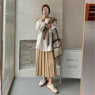 Plain Shirt / Pleated Midi Skirt / Knit Scarf