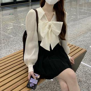 Ribbon Blouse / Pleated Mini A-line Skirt