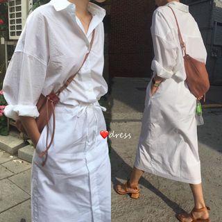 Tie Waist Midi Shirt Dress White - One Size