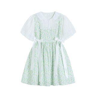 Elbow-sleeve Mock Two-piece Floral Mini A-line Dress