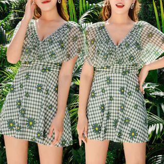 Flower Print Plaid Short-sleeve Swimdress