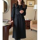 Lantern-sleeve Collar Midi A-line Dress Black - One Size