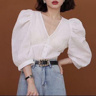 Bubble Long-sleeve V-neck Plain Shirt White - One Size