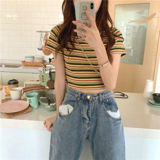 Striped Short-sleeve Slim-fit Cropped Top As Figure - One Size