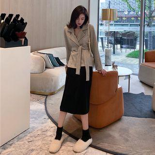 Long-sleeve Midi A-line Dress / Tie-waist Jacket
