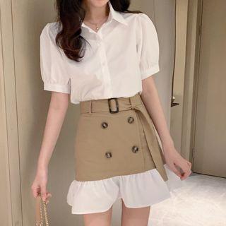 Short-sleeve Plain Shirt / High-waist Button Accent Skirt