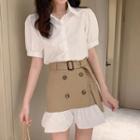 Short-sleeve Plain Shirt / High-waist Button Accent Skirt