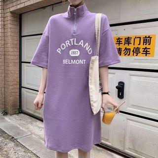 Elbow-sleeve Lettering Half-zip A-line Dress