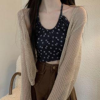Halter Floral Camisole Top / Loose Knit Open Front Cardigan