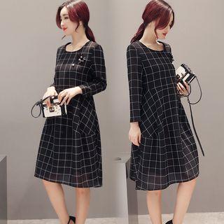 Check Long-sleeve Midi A-line Dress
