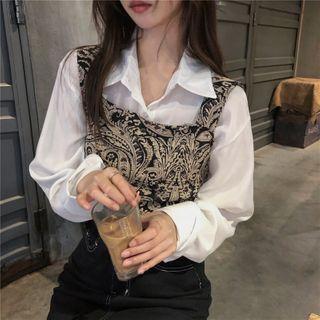 Long-sleeve Plain Shirt / Spaghetti Strap Paisley Top