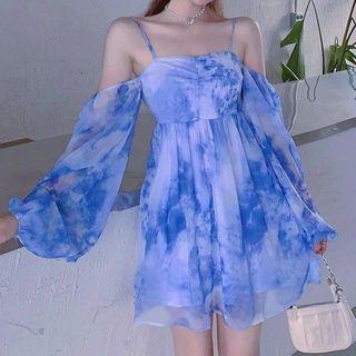 Balloon-sleeve Cold-shoulder Tie-dyed Mini A-line Dress