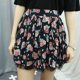 Floral Patterned Mesh-hem Miniskirt