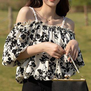 Cold-shoulder Floral Print Blouse Black Floral - White - One Size