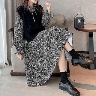 Set: Bell-sleeve Floral Print Midi A-line Dress + Knit Vest