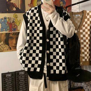 Single-breasted Check Sweater Vest / Cardigan