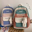 Letter Embroidered Color Block Backpack / Bag Charm / Set