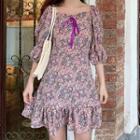 Floral Elbow-sleeve Mini A-line Dress As Shown In Figure - One Size