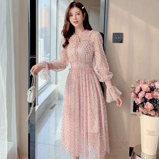 Set: Sequined Long-sleeve A-line Dress + Slipdress