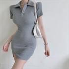 Letter Embroidered Polo Neck Split Skinny Mini Dress