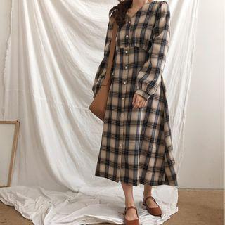 Plaid Long-sleeve Tie-waist Midi A-line Dress / Button-up Cardigan