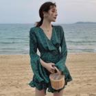 Long-sleeve Floral Print Frill Trim Playsuit