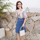 Set: Lace Trim Elbow-sleeve Top + Denim A-line Skirt