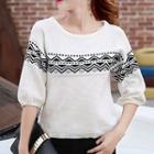 3/4-sleeve Patterned Knit Pullover