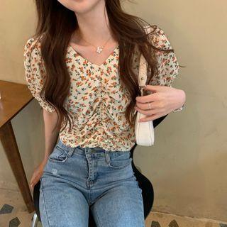 Short-sleeve Floral Print Crop Top As Shown In Figure - One Size