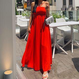 Halter-neck Shirred Maxi Flare Dress