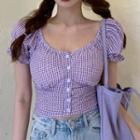 Puff-sleeve Gingham Button-up Blouse Gingham - Purple - One Size