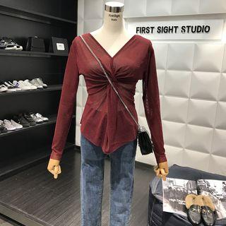 Glittered V-neck Long Sleeve Sheer Top