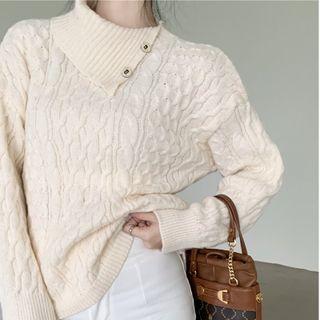 Asymmetrical Mock-neck Cable Knit Sweater