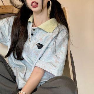 Short-sleeve Heart Embroidered Polo Shirt Light Gray - One Size