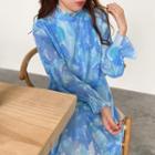 Ruffle Trim Long-sleeve Midi Dress Blue - One Size